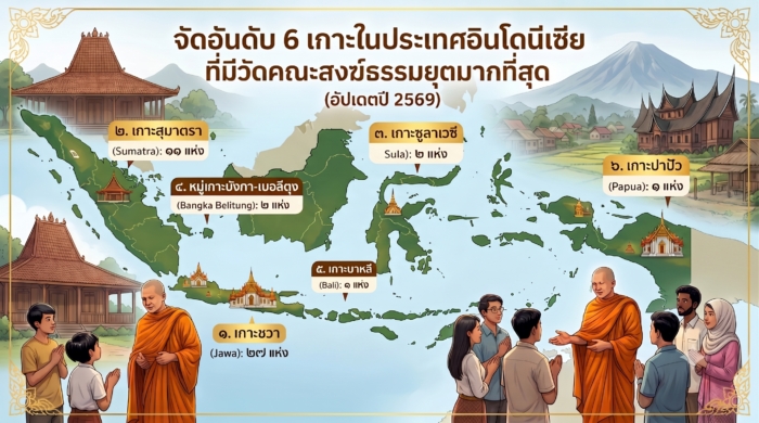 จัดอันดับ 6 เกาะในประเทศอินโดนีเซีย ที่มีวัดคณะสงฆ์ธรรมยุตมากที่สุด (อัปเดตปี 2569)