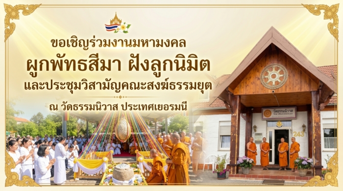 ขอเชิญร่วมงานมหามงคล ผูกพัทธสีมา ฝังลูกนิมิต และประชุมวิสามัญคณะสงฆ์ธรรมยุต ณ วัดธรรมนิวาส ประเทศเยอรมนี