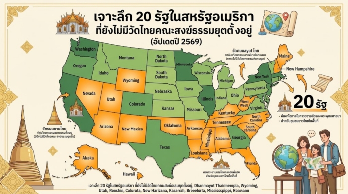 เจาะลึก 20 รัฐในสหรัฐอเมริกา ที่ยังไม่มีวัดไทยคณะสงฆ์ธรรมยุตตั้งอยู่ (อัปเดตปี 2569)