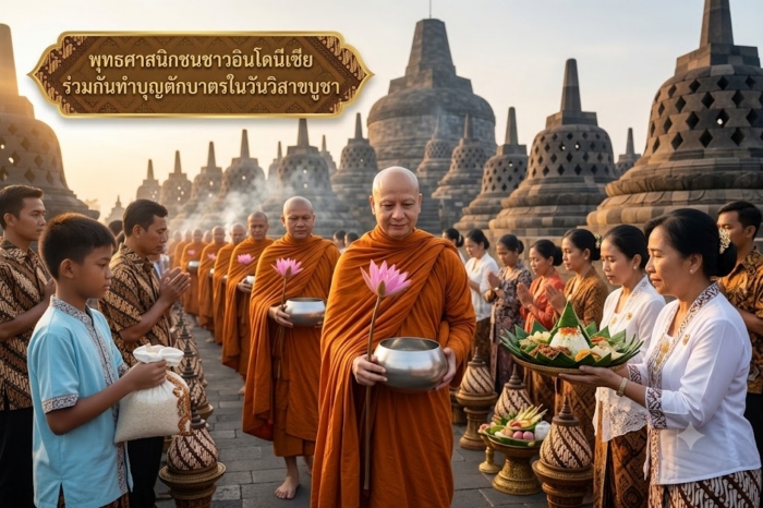 พุทธศาสนิกชนชาวอินโดนีเซีย ร่วมกันทำบุญตักบาตรในวันวิสาขบูชา